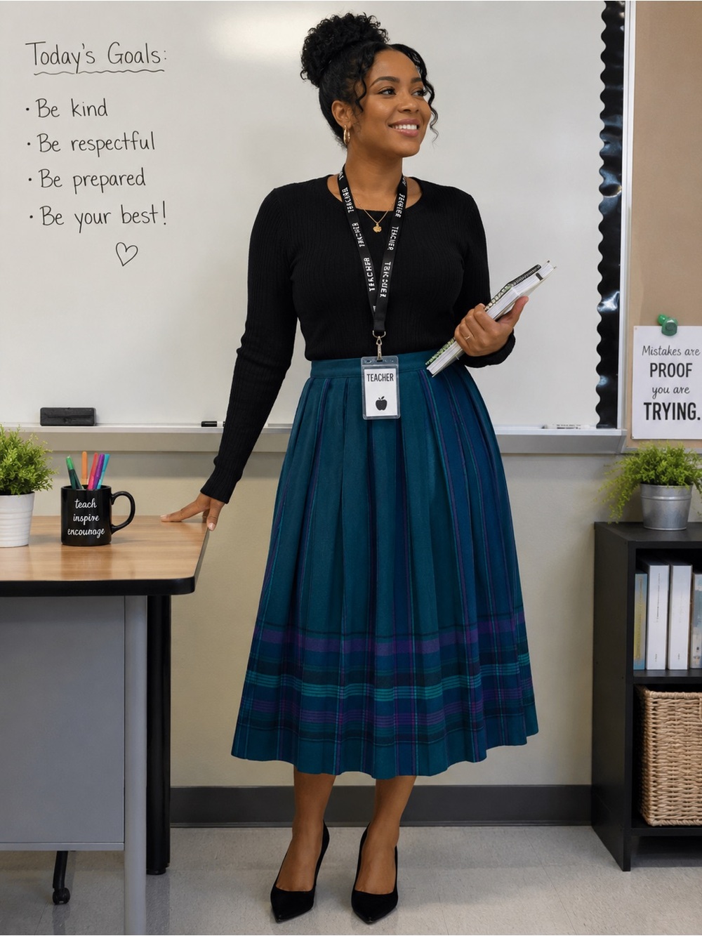 Pendleton Women Teal Plaid Pleated Midi Skirt with Navy & Purple Stripes Size 8